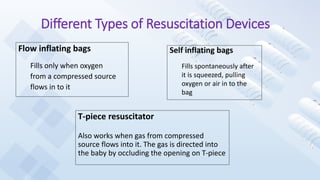 Different Types of Resuscitation Devices
Flow inflating bags
Fills only when oxygen
from a compressed source
flows in to it
Self inflating bags
Fills spontaneously after
it is squeezed, pulling
oxygen or air in to the
bag
T-piece resuscitator
Also works when gas from compressed
source flows into it. The gas is directed into
the baby by occluding the opening on T-piece
 