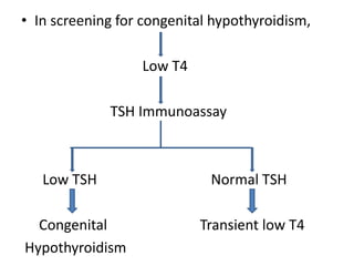 • In screening for congenital hypothyroidism,
Low T4
TSH Immunoassay
Low TSH Normal TSH
Congenital Transient low T4
Hypothyroidism
 