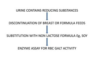 URINE CONTAINS REDUCING SUBSTANCES
DISCONTINUATION OF BREAST OR FORMULA FEEDS
SUBSTITUTION WITH NON LACTOSE FORMULA Eg, SOY
ENZYME ASSAY FOR RBC GALT ACTIVITY
 