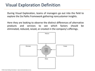 Visual Exploration Definition
            During Visual Exploration, teams of managers go out into the field to
            explore the Six Paths Framework gathering noncustomer insights.

            Here they are looking to observe the distinct differences of alternative
            products and services to see which factors should be
            eliminated, reduced, raised, or created in the company's offerings.
                                                                   Reduce




                                                    Eliminate               Create

                                                                   A New
                                                                   Value
                                                                   Curve




                                                                   Raise




© 2011 Smart Selling International – www.smartsocialmedia.com.au
 