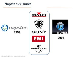 Napster vs iTunes




                                 1999                              iTUNES
                                                                   2003




© 2011 Smart Selling International – www.smartsocialmedia.com.au
 