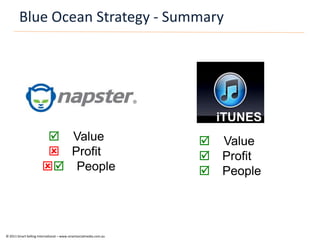 Blue Ocean Strategy - Summary




                                                                     iTUNES
                         Value                                     Value
                         Profit                                    Profit
                        People                                    People




© 2011 Smart Selling International – www.smartsocialmedia.com.au
 