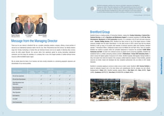 Brentford employees working at our site are committed, responsive and ﬂexible in
                                                                                                                                                     meeting our needs. They have embraced our EH&S requirements and truly do work hard
                                                                                                                                                     with us, as a team, to meet our objectives and to tackle any challenges we encounter.
                                                                                                                                                     We also thank Brentford management for their quick response to any issues raised by
                                                                                                                                                     us and for being continuously committed in sending us staff as per our requirements.

                                                                                                                                                                                                                               Purchasing Manager - DOW Chemicals




                                                                                                                                        Brentford Group
    Samir Khosla                S.P Khosla
                                   .                      Varun Khosla                                                                  Brentford Group is a leading provider of Contracting Solutions, ranging from Turnkey Contracting to Contract Hire /
    (Managing Director)           (Chairman)                      (Director)
                                                                                                                                        Technical Services as well as Operations and Maintenance Support to companies operating in the Oil, Gas, Plant,
                                                                                                                                        Petrochemical, Mechanical and Civil Construction Industries. As a subsidiary of the 33 year old human resources
    Message from the Managing Director                                                                                                  leader - Dynamic Stafﬁng Services (DSS), Brentford has direct access to one of the largest reserves of skilled
                                                                                                                                        resources available from the Indian Subcontinent. It is this direct access to DSS’s reserve base that has allowed
    Thank you for your interest in Brentford! We are a versatile contracting solutions company, offering a broad portfolio of           Brentford to staff up many of its projects with hundreds of technical resources within short timelines. Brentford
    services to our multinational contractor clients in the Oil, Gas, Plant, Petrochemical and Civil verticals. Our ﬂexible solutions   operates 7 International Ofﬁces, strategically located across the Middle East and North Africa. Since its inception
    range from Turnkey Contracting to Contract Hire and Technical Services and we are capable of delivering these services              Brentford has worked on projects where the cumulative deployment of resources has exceeded 10,000 Skilled
    across the entire project lifecycle. Our success stems from experience gained by serving demanding multinational                    Technicians and Staff. As result of its continued success on projects and its resourcing capabilities, Brentford has

    contractors and from being the subsidiary of a company that is one of the largest providers of skilled technical human              established itself as a reliable contracting solutions provider to Multinational / Fortune 500 Contracting Clients. In
                                                                                                                                        order to ensure the highest quality of resources for its clients, Brentford operates Skill-Upgrade Training Facilities in
    resources within the Middle Eastern region.




                                                                                                                                                                                                                                                                    About Brendford Group
                                                                                                                                        India, the location from where the majority of the company’s skilled tradesmen originate. At these facilities, potential
                                                                                                                                        resources are tested, trained and developed into fully competent professionals who can deliver to GCC Quality
    We are excited about the future of our business and have recently embarked on a pioneering geographic expansion and
                                                                                                                                        Standards.
    diversiﬁcation of our service portfolio.
                                                                                                                                        Brentford is constantly adapting its services to better serve its client’s needs. Brentford’s 2011 Service Portfolio is
                                                                                                                                        based on extensive research and is the most diverse and comprehensive that the company has ever offered.
                                                                               Service Type
                                                                                                                                        Headquartered in Dubai (UAE), Brentford operates regional ofﬁces in Abu Dhabi (UAE), Doha (QATAR), Tripoli
       Industry Segment                  Turnkey            Sub-                 Unit Rate     Operations &       Contract Hire /
                                        Contracting       Contracting           Contracting    Maintenance      Technical Services      (LIBYA), Casablanca (MOROCCO), Tarim Kowt (AFGHANISTAN) and Kochi (INDIA).

      Oil and Gas-Upstream

      Oil and Gas-Downstream

      Plant-Mechanical and
      Fabrication

      Plant-Electrical and
      Instrumentation

      Plant Operation

      Civil-Interiors

      Civil MEP

      Civil-Construction




1                                                                                                                                                                                                                                                                   2
 
