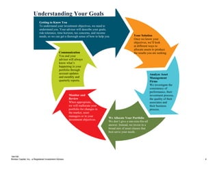 184195
Brinker Capital, Inc., a Registered Investment Advisor 4
Getting to Know You
To understand your investment objectives, we need to
understand you. Your advisor will describe your goals,
risk tolerance, time horizon, tax concerns, and income
needs, so we can get a thorough sense of how to help you.
Understanding Your Goals
Analyze Asset
Management
Firms
We investigate the
consistency of
performance, their
investment process,
the quality of their
associates and
their business
process.
Your Solution
Once we know your
objectives, we’ll look
at different ways to
allocate assets to produce
the results you are seeking.
We Allocate Your Portfolio
We don’t give a one-size-fits-all
answer. Instead, we invest in a
broad mix of asset classes that
best serve your needs.
Monitor and
Review
When appropriate,
we will reallocate your
portfolio for changes in
the market, asset
managers or in your
investment objectives.
Communication
You and your
advisor will always
know what’s
happening in your
portfolio through
account updates
and monthly and
quarterly reports.
 