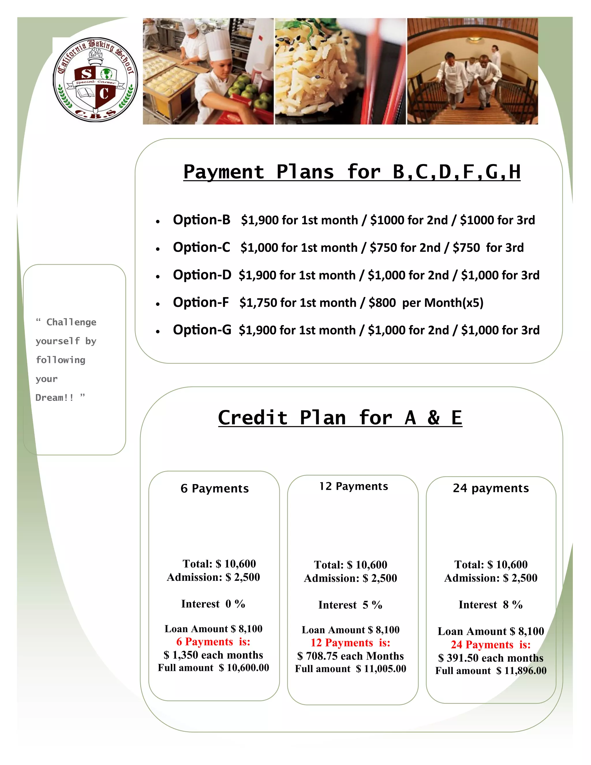 Payment Plans for B,C,D,F,G,H

                  Option-B $1,900 for 1st month / $1000 for 2nd / $1000 for 3rd
                  Option-C $1,000 for 1st month / $750 for 2nd / $750 for 3rd
                  Option-D $1,900 for 1st month / $1,000 for 2nd / $1,000 for 3rd
                  Option-F $1,750 for 1st month / $800 per Month(x5)
“ Challenge
                  Option-G $1,900 for 1st month / $1,000 for 2nd / $1,000 for 3rd
yourself by

following

your

Dream!! ”

                            Credit Plan for A & E


                     6 Payments             12 Payments              24 payments




                    Total: $ 10,600       Total: $ 10,600           Total: $ 10,600
                  Admission: $ 2,500     Admission: $ 2,500        Admission: $ 2,500

                     Interest 0 %           Interest 5 %              Interest 8 %

                  Loan Amount $ 8,100    Loan Amount $ 8,100      Loan Amount $ 8,100
                     6 Payments is:        12 Payments is:           24 Payments is:
                  $ 1,350 each months   $ 708.75 each Months      $ 391.50 each months
              Full amount $ 10,600.00   Full amount $ 11,005.00   Full amount $ 11,896.00
 