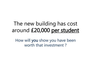 The new building has cost 
around £20,000 per student 
How will you show you have been 
worth that investment ? 
 