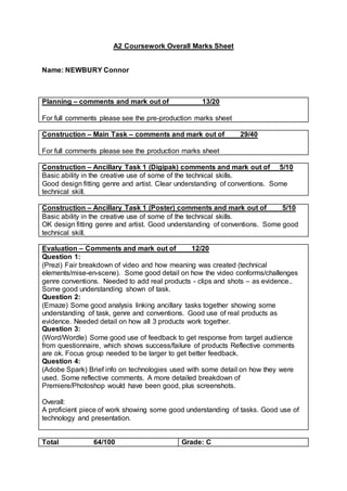 A2 Coursework Overall Marks Sheet
Name: NEWBURY Connor
Planning – comments and mark out of 13/20
For full comments please see the pre-production marks sheet
Construction – Main Task – comments and mark out of 29/40
For full comments please see the production marks sheet
Construction – Ancillary Task 1 (Digipak) comments and mark out of 5/10
Basic ability in the creative use of some of the technical skills.
Good design fitting genre and artist. Clear understanding of conventions. Some
technical skill.
Construction – Ancillary Task 1 (Poster) comments and mark out of 5/10
Basic ability in the creative use of some of the technical skills.
OK design fitting genre and artist. Good understanding of conventions. Some good
technical skill.
Evaluation – Comments and mark out of 12/20
Question 1:
(Prezi) Fair breakdown of video and how meaning was created (technical
elements/mise-en-scene). Some good detail on how the video conforms/challenges
genre conventions. Needed to add real products - clips and shots – as evidence..
Some good understanding shown of task.
Question 2:
(Emaze) Some good analysis linking ancillary tasks together showing some
understanding of task, genre and conventions. Good use of real products as
evidence. Needed detail on how all 3 products work together.
Question 3:
(Word/Wordle) Some good use of feedback to get response from target audience
from questionnaire, which shows success/failure of products Reflective comments
are ok. Focus group needed to be larger to get better feedback.
Question 4:
(Adobe Spark) Brief info on technologies used with some detail on how they were
used. Some reflective comments. A more detailed breakdown of
Premiere/Photoshop would have been good, plus screenshots.
Overall:
A proficient piece of work showing some good understanding of tasks. Good use of
technology and presentation.
Total 64/100 Grade: C
 