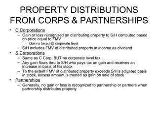 PROPERTY DISTRIBUTIONS FROM CORPS & PARTNERSHIPS C Corporations Gain or loss recognized on distributing property to S/H computed based on price equal to FMV Gain is taxed @ corporate level S/H includes FMV of distributed property in income as dividend S Corporations Same as C Corp, BUT no corporate level tax Any gain flows thru to S/H who pays tax on gain and receives an increase in basis of his stock To the extent FMV of distributed property exceeds S/H’s adjusted basis in stock, excess amount is treated as gain on sale of stock Partnerships Generally, no gain or loss is recognized to partnership or partners when partnership distributes property 