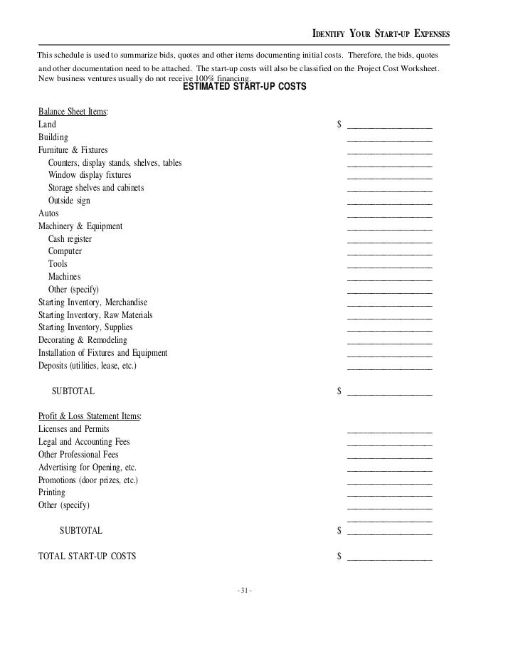 business start up costs worksheet