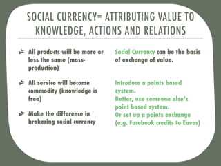 SOCIAL CURRENCY= ATTRIBUTING VALUE TO
  KNOWLEDGE, ACTIONS AND RELATIONS
All products will be more or   Social Currency can be the basis
less the same (mass-           of exchange of value.
production)

All service will become        Introduce a points based
commodity (knowledge is        system.
free)                          Better, use someone else’s
                               point based system.
Make the difference in         Or set up a points exchange
brokering social currency      (e.g. Facebook credits to Eaves)
 