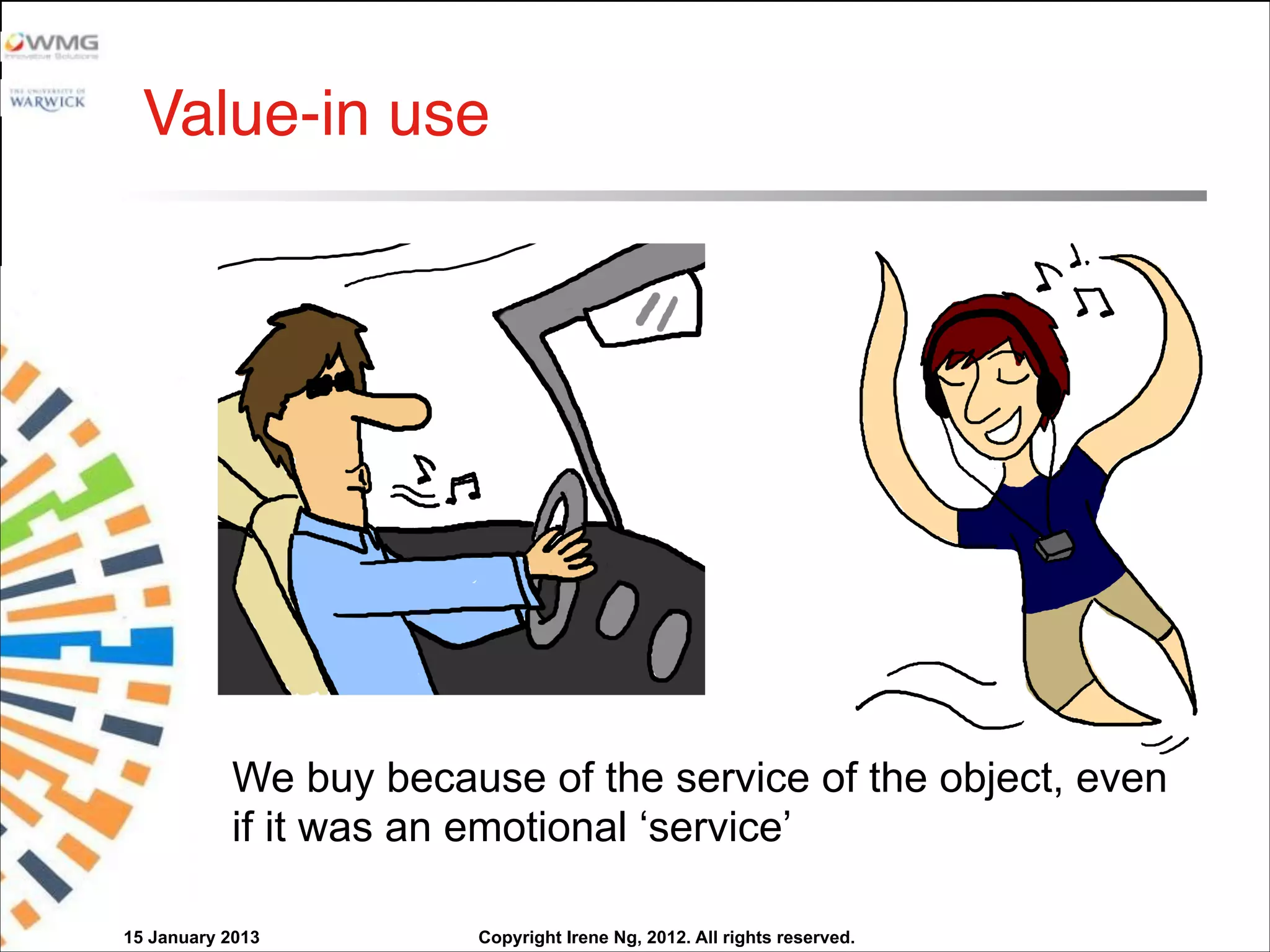 Copyright Irene Ng, 2012. All rights reserved.
Value-in use
We buy because of the service of the object, even
if it was an emotional ‘service’
15 January 2013
 