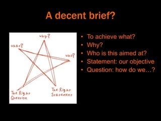 A decent brief?
• To achieve what?
• Why?
• Who is this aimed at?
• Statement: our objective
• Question: how do we…?
 