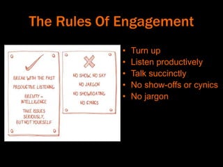 The Rules Of Engagement
• Turn up
• Listen productively
• Talk succinctly
• No show-offs or cynics
• No jargon
 