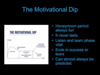 The Motivational Dip
• Honeymoon period
always fun
• It never lasts
• Listen and learn phase
vital
• Ends in success or
tears
• Can almost always be
predicted
 