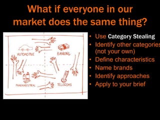 What if everyone in our
market does the same thing?
• Use Category Stealing
• Identify other categories
(not your own)
• Define characteristics
• Name brands
• Identify approaches
• Apply to your brief
 