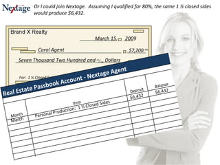 Seven Thousand Two Hundred and  00 / 100  Dollars For:  1 ½ Closed Sides Personal Production I. M. Broker Or I could join Nextage.  Assuming I qualified for 80%, the same 1 ½ closed sides would produce $6,432.  Carol Agent $7,200. oo March 15,  2009 March Personal Production:  1 ½ Closed Sides $6,432 $6,432 