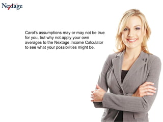 Carol’s assumptions may or may not be true for you, but why not apply your own averages to the Nextage Income Calculator to see what your possibilities might be. 