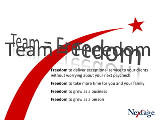 Team = Freedom Freedom  to deliver exceptional service to your clients without worrying about your next paycheck Freedom  to take more time for you and your family Freedom  to grow as a business Freedom  to grow as a person 