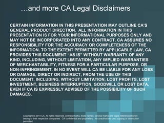 …and more CA Legal Disclaimers 
CERTAIN INFORMATION IN THIS PRESENTATION MAY OUTLINE CA’S GENERAL PRODUCT DIRECTION. ALL INFORMATION IN THIS PRESENTATION IS FOR YOUR INFORMATIONAL PURPOSES ONLY AND MAY NOT BE INCORPORATED INTO ANY CONTRACT. CA ASSUMES NO RESPONSIBILITY FOR THE ACCURACY OR COMPLETENESS OF THE INFORMATION. TO THE EXTENT PERMITTED BY APPLICABLE LAW, CA PROVIDES THIS DOCUMENT “AS IS” WITHOUT WARRANTY OF ANY KIND, INCLUDING, WITHOUT LIMITATION, ANY IMPLIED WARRANTIES OF MERCHANTABILITY, FITNESS FOR A PARTICULAR PURPOSE, OR NON-INFRINGEMENT. IN NO EVENT WILL CA BE LIABLE FOR ANY LOSS OR DAMAGE, DIRECT OR INDIRECT, FROM THE USE OF THIS DOCUMENT, INCLUDING, WITHOUT LIMITATION, LOST PROFITS, LOST INVESTMENT, BUSINESS INTERRUPTION, GOODWILL OR LOST DATA, EVEN IF CA IS EXPRESSLY ADVISED OF THE POSSIBILITY OF SUCH DAMAGES. Copyright © 2014 CA. All rights reserved. All trademarks, trade names, service marks and logos referenced herein 
belong to their respective companies. CA confidential and proprietary. No unauthorized use, copying or distribution 
permitted. 
 