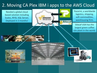 Needed a global cloud based solution including 
Scales, RFID, SQL Server, Deployed in 3 months! 
2. Moving CA Plex IBM i apps to the AWS Cloud 
Pacorini, a worldwide logistics, shipping, soft commodities, warehousing firm. 
Silocaf USA has the largest green coffee silo plant in the world.  