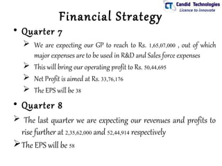 Financial Strategy
• Quarter 7
    We are expecting our GP to reach to Rs. 1,65,07,000 , out of which
     major expenses are to be used in R&D and Sales force expenses
    This will bring our operating profit to Rs. 50,44,695
    Net Profit is aimed at Rs. 33,76,176
    The EPS will be 38
• Quarter 8
 The last quarter we are expecting our revenues and profits to
  rise further at 2,35,62,000 and 52,44,914 respectively
 The EPS will be 58
 