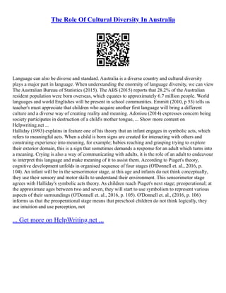 The Role Of Cultural Diversity In Australia
Language can also be diverse and standard. Australia is a diverse country and cultural diversity
plays a major part in language. When understanding the enormity of language diversity, we can view
The Australian Bureau of Statistics (2015). The ABS (2015) reports that 28.2% of the Australian
resident population were born overseas, which equates to approximately 6.7 million people. World
languages and world Englishes will be present in school communities. Emmitt (2010, p 53) tells us
teacher's must appreciate that children who acquire another first language will bring a different
culture and a diverse way of creating reality and meaning. Adoniou (2014) expresses concern being
society participates in destruction of a child's mother tongue, ... Show more content on
Helpwriting.net ...
Halliday (1993) explains in feature one of his theory that an infant engages in symbolic acts, which
refers to meaningful acts. When a child is born signs are created for interacting with others and
construing experience into meaning, for example; babies reaching and grasping trying to explore
their exterior domain, this is a sign that sometimes demands a response for an adult which turns into
a meaning. Crying is also a way of communicating with adults, it is the role of an adult to endeavour
to interpret this language and make meaning of it to assist them. According to Piaget's theory,
cognitive development unfolds in organised sequence of four stages (O'Donnell et. al., 2016, p.
104). An infant will be in the sensorimotor stage, at this age and infants do not think conceptually,
they use their sensory and motor skills to understand their environment. This sensorimotor stage
agrees with Halliday's symbolic acts theory. As children reach Piaget's next stage; preoperational; at
the approximate ages between two and seven, they will start to use symbolism to represent various
aspects of their surroundings (O'Donnell et. al., 2016, p. 105). O'Donnell et. al., (2016, p. 106)
informs us that the preoperational stage means that preschool children do not think logically, they
use intuition and use perception, not
... Get more on HelpWriting.net ...
 