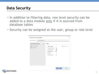 Data Security
15
• In addition to filtering data, row level security can be
added to a data module only if it is sourced from
database tables
• Security can be assigned at the user, group or role level
 