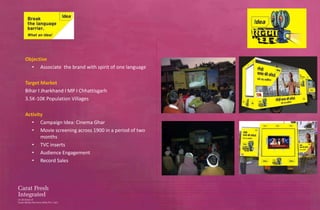 Objective
  • Associate the brand with spirit of one language

Target Market
Bihar I Jharkhand I MP I Chhattisgarh
3.5K-10K Population Villages

Activity
   • Campaign Idea: Cinema Ghar
   • Movie screening across 1900 in a period of two
       months
   • TVC inserts
   • Audience Engagement
   • Record Sales
 
