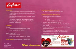 Background                                               Our Recommendation to Air Asia
  • Air Asia wanted to promote its property ‘Air Asia      • Tie up with the movie ‘Thank You’
      Travel Fair where consumers would get best fairs
      from Air Asia                                      Activities as a result of the Tie-up:
  • At the same time, Movie ‘Thank You’ was about        • Co-branded campaign released in
      to release.                                                Print
  • Starcast of ‘Thank You’: Akshay Kumar, Suniel                Radio
      Shetty, Bobby Deol, Irfan Khan, Sonam Kapoor,              Outdoors (15 sites for 10 days)
      Rimi Sen, Celina Jetley                            • Contest launched amongst the TG.
                                                         • Winners get a free merchandize from the ‘Thank
Challenge:                                                  You’ movie
Air Asia:                                                • Visitors to the Fair also get to meet Suniel Shetty at
•      Amplify the activity in the given budget             the property venue.
•      Drive footfalls to the activity                   • The movie star cast also get an opportunity to
                                                            promote the movie amongst the fans through
Movie ‘Thank You’:                                          appearance, merchandize, etc
•     Promote the movie
•     Drive more people to watch the movie

Target Market: Delhi I Mumbai (Phoenix Mills)



                               Movie Association
 