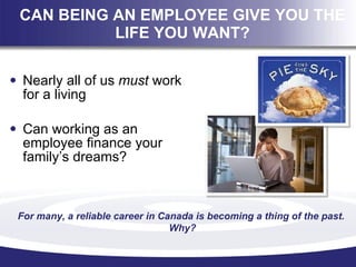 CAN BEING AN EMPLOYEE GIVE YOU THE LIFE YOU WANT? <ul><li>Nearly all of us  must  work for a living </li></ul><ul><li>Can ...