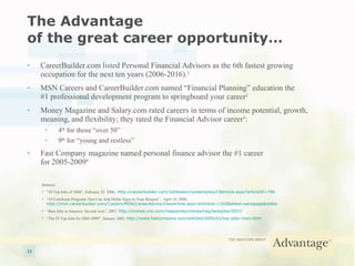 The Advantage  of the great career opportunity… CareerBuilder.com listed Personal Financial Advisors as the 6th fastest growing occupation for the next ten years (2006-2016). 1 MSN Careers and CareerBuilder.com named “Financial Planning” education the  #1 professional development program to springboard your career 2 Money Magazine and Salary.com rated careers in terms of income potential, growth, meaning, and flexibility; they rated the Financial Advisor career 3 : 4 th  for those “over 50” 9 th  for “young and restless” Fast Company magazine named personal finance advisor the #1 career  for 2005-2009 4 Sources: “ 30 Top Jobs of 2008”, February 22, 2008,  http://careerbuilder.com/JobSeeker/careerbytes/CBArticle.aspx?articleID=796 “ 10 Certificate Programs That Can Add Dollar Signs to Your Résumé”,  April 10, 2008,  http://msn.careerbuilder.com/Custom/MSN/CareerAdvice/ViewArticle.aspx?articleid=1342&siteid=sendpage&cbRecursionCnt=1&cbsid=4a1bf31fb9f54e0fbdf17d4576a8bab4-261163792-KG-5 “ Best Jobs in America: Second Acts”, 2007,  http://money.cnn.com/magazines/moneymag/bestjobs/2007/ “ The 25 Top Jobs for 2005-2009”, January 2005,  http://www.fastcompany.com/articles/2005/01/top-jobs-main.html 