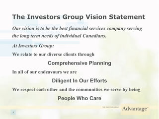 The Investors Group Vision Statement Our vision is to be the best financial services company serving the long term needs of individual Canadians.   At Investors Group: We relate to our diverse clients through Comprehensive Planning In all of our endeavours we are Diligent In Our Efforts We respect each other and the communities we serve by being People Who Care 