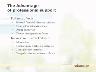 The Advantage  of professional support Full suite of tools: Personal financial planning software Client information databases Online client view Contact management software  In-house website packed with: Information Resources and marketing strategies Client/prospect materials Comprehensive tax reference library 