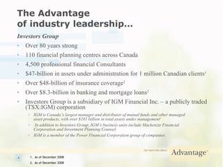The Advantage  of industry leadership… Investors Group Over 80 years strong 110 financial planning centres across Canada 4,500 professional financial Consultants $47-billion in assets under administration for 1 million Canadian clients 1 Over $48-billion of insurance coverage 2 Over $8.3-billion in banking and mortgage loans 2 Investors Group is a subsidiary of IGM Financial Inc. – a publicly traded (TSX:IGM) corporation IGM is Canada’s largest manager and distributor of mutual funds and other managed asset products, with over $101 billion in total assets under management 1 In addition to Investors Group, IGM’s business units include Mackenzie Financial Corporation and Investment Planning Counsel IGM is a member of the Power Financial Corporation group of companies. 1.  As of December 2008 2.  As of December 2008 