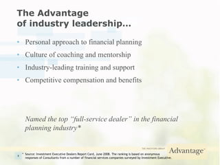 The Advantage  of industry leadership… Personal approach to financial planning Culture of coaching and mentorship Industry-leading training and support Competitive compensation and benefits Named the top “full-service dealer” in the financial planning industry* * Source: Investment Executive Dealers Report Card, June 2008. The ranking is based on anonymous responses of Consultants from a number of financial services companies surveyed by Investment Executive. 