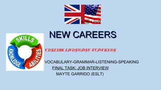 NEW CAREERS
ENGLISH LANGUAGE TEACHING
VOCABULARY-GRAMMAR-LISTENING-SPEAKING
FINAL TASK: JOB INTERVIEW
MAYTE GARRIDO (ESLT)

 