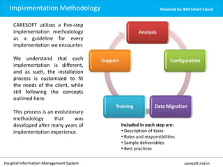 Powered by IBM Smart Cloud
CARESOFT utilizes a five-step
implementation methodology
as a guideline for every
implementation we encounter.
We understand that each
implementation is different,
and as such, the installation
process is customized to fit
the needs of the client, while
still following the concepts
outlined here.
This process is an evolutionary
methodology that was
developed after many years of
implementation experience.
Included in each step are:
• Description of tasks
• Roles and responsibilities
• Sample deliverables
• Best practices
Hospital Information Management System caresoft.ind.in
Implementation Methodology
 