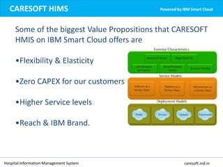Hospital Information Management System caresoft.ind.in
CARESOFT HIMS Powered by IBM Smart Cloud
Some of the biggest Value Propositions that CARESOFT
HMIS on IBM Smart Cloud offers are
•Flexibility & Elasticity
•Zero CAPEX for our customers
•Higher Service levels
•Reach & IBM Brand.
 