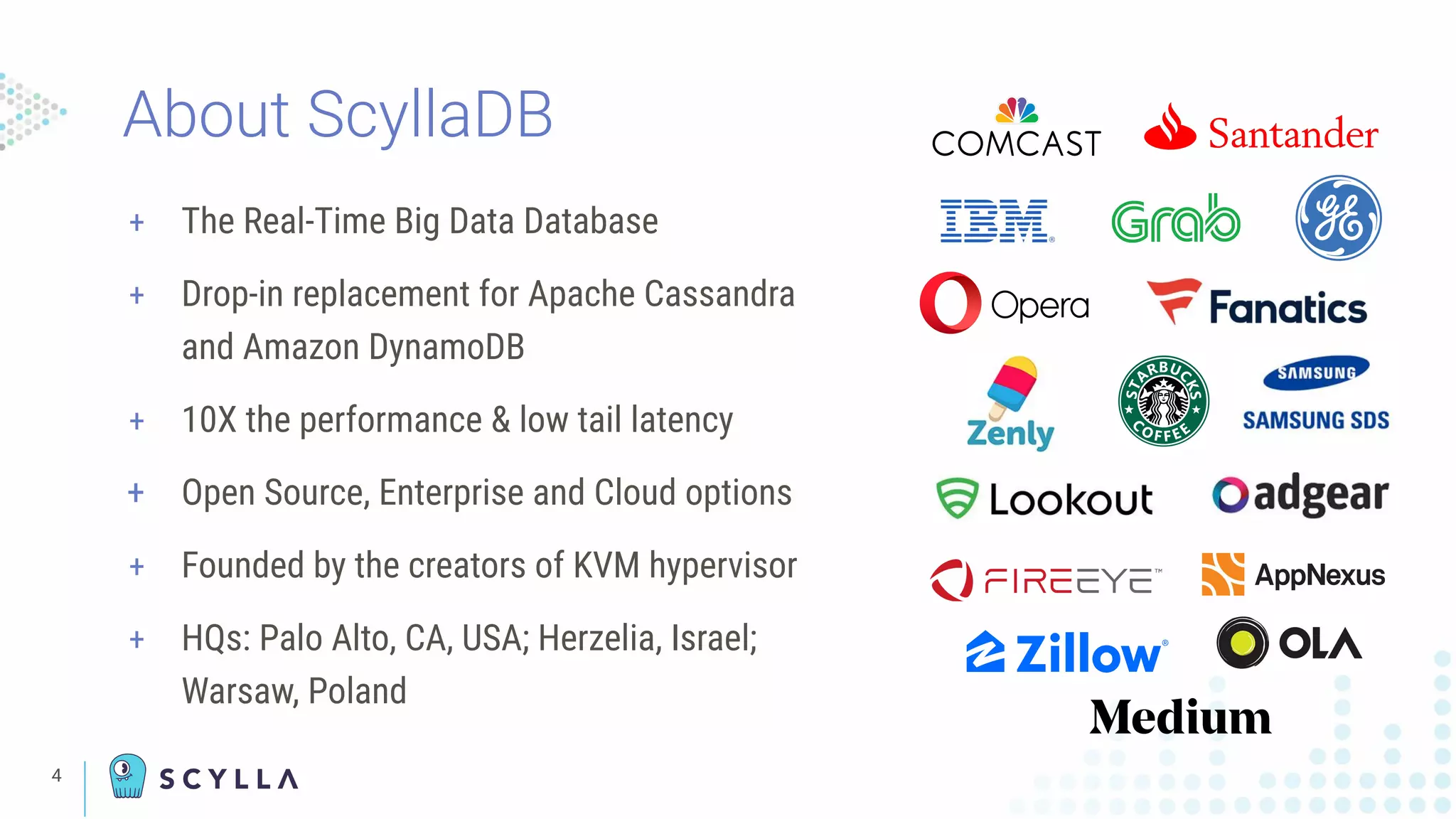 4
+ The Real-Time Big Data Database
+ Drop-in replacement for Apache Cassandra
and Amazon DynamoDB
+ 10X the performance & low tail latency
+ Open Source, Enterprise and Cloud options
+ Founded by the creators of KVM hypervisor
+ HQs: Palo Alto, CA, USA; Herzelia, Israel;
Warsaw, Poland
About ScyllaDB
 
