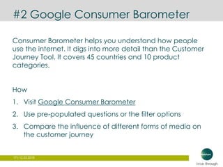 17 | 12.03.2015
#2 Google Consumer Barometer
Consumer Barometer helps you understand how people
use the internet. It digs into more detail than the Customer
Journey Tool. It covers 45 countries and 10 product
categories.
How
1. Visit Google Consumer Barometer
2. Use pre-populated questions or the filter options
3. Compare the influence of different forms of media on
the customer journey
 