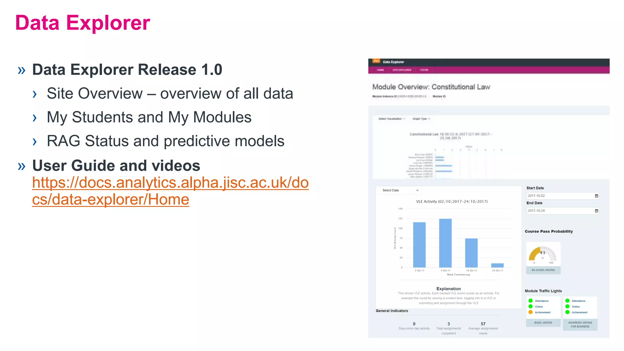 Data Explorer
» Data Explorer Release 1.0
› Site Overview – overview of all data
› My Students and My Modules
› RAG Status and predictive models
» User Guide and videos
https://docs.analytics.alpha.jisc.ac.uk/do
cs/data-explorer/Home
 