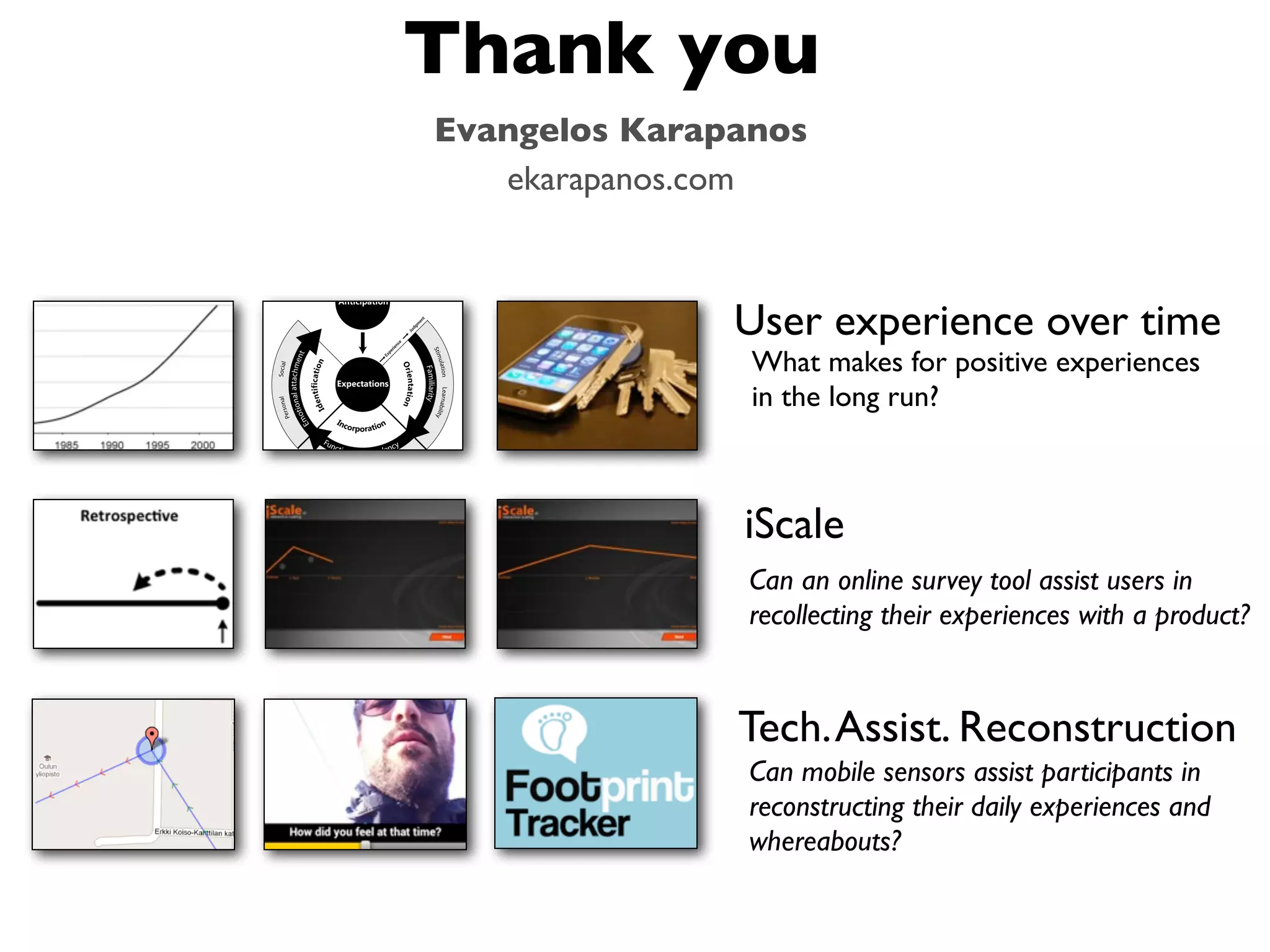 Thank you
Evangelos Karapanos
   ekarapanos.com



               User experience over time
                What makes for positive experiences
                in the long run?



               iScale
                Can an online survey tool assist users in
                recollecting their experiences with a product?


               Tech. Assist. Reconstruction
                Can mobile sensors assist participants in
                reconstructing their daily experiences and
                whereabouts?
 