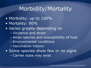 Morbidity/Mortality
• Morbidity: up to 100%
• Mortality: 90%
• Varies greatly depending on
  – Virulence and strain
  – Avian species and susceptibility of host
  – Environmental conditions
  – Vaccination history
• Some species show few or no signs
  – Carrier state may exist

                          Center for Food Security and Public Health, Iowa State University, 2011
 