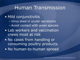 Human Transmission
• Mild conjunctivitis
  – Virus shed in ocular secretions
  – Avoid contact with avian species
• Lab workers and vaccination
  crews most at risk
• No cases from handling or
  consuming poultry products
• No human-to-human spread

                          Center for Food Security and Public Health, Iowa State University, 2011
 
