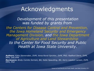 Acknowledgments
           Development of this presentation
             was funded by grants from
the Centers for Disease Control and Prevention,
  the Iowa Homeland Security and Emergency
Management Division, and the Iowa Department
      of Agriculture and Land Stewardship
   to the Center for Food Security and Public
        Health at Iowa State University.

Authors: Katie Steneroden, DVM; Anna Rovid Spickler, DVM, PhD; Radford Davis, DVM,
MPH, DACVPM
Reviewers: Bindy Comito Sornsin, BA; Katie Spaulding, BS; Kerry Leedom Larson, DVM,
MPH, PhD


                                              Center for Food Security and Public Health, Iowa State University, 2011
 