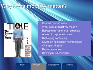 • Context over process
• What does productivity mean?
• Ecosystems rather than products
• A loss of corporate control
• Rethinking computing
• Giving an application new meaning
• Changing IT skills
• Revenue models
• Defining business value
Intro Application MetricsImpact
 