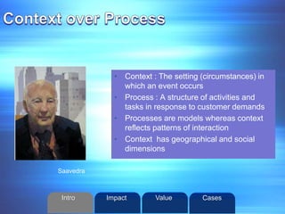 • Context : The setting (circumstances) in
which an event occurs
• Process : A structure of activities and
tasks in response to customer demands
• Processes are models whereas context
reflects patterns of interaction
• Context has geographical and social
dimensions
Saavedra
Intro Value CasesImpact
 