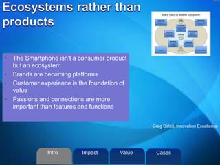 • The Smartphone isn’t a consumer product
but an ecosystem
• Brands are becoming platforms
• Customer experience is the foundation of
value
• Passions and connections are more
important than features and functions
Greg Satell, Innovation Excellence
Intro Value CasesImpact
 