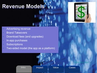 • Advertising revenue
• Brand Takeovers
• Download fees (and upgrades)
• In-app purchases
• Subscriptions
• Two-sided model (the app as a platform)
Paulina Delgado Soots
Intro Value CasesImpact
 