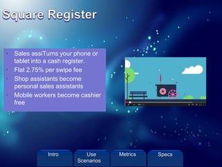• Sales assiTurns your phone or
tablet into a cash register.
• Flat 2.75% per swipe fee
• Shop assistants become
personal sales assistants
• Mobile workers become cashier
free
Intro Metrics SpecsUse
Scenarios
 